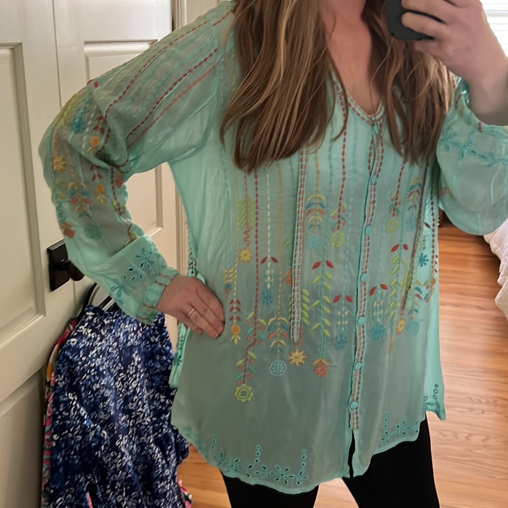 Johnny Was Aqua Embroidered tunic top large - Picture 4 of 16